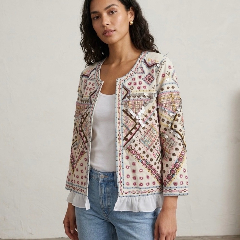 NWT Indigo Moon Embroidered Beaded Boho Jacket Size L Cream Ruffle Hem Festival